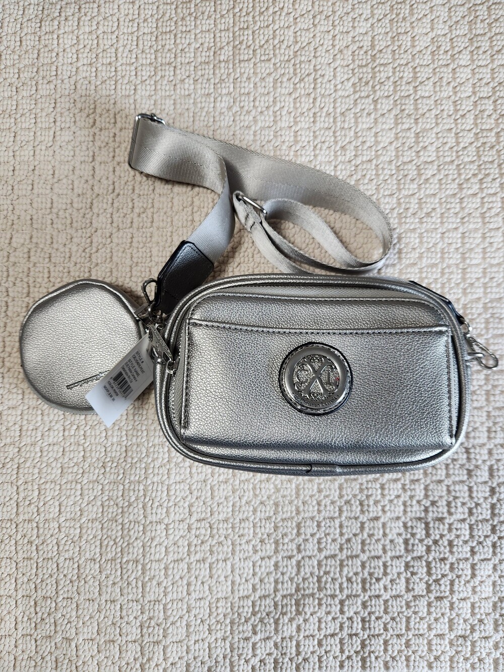 Christian Lacroix Eve Pebble Camera w/ Mini Zip Silver Faux Leather Crossbody Ba